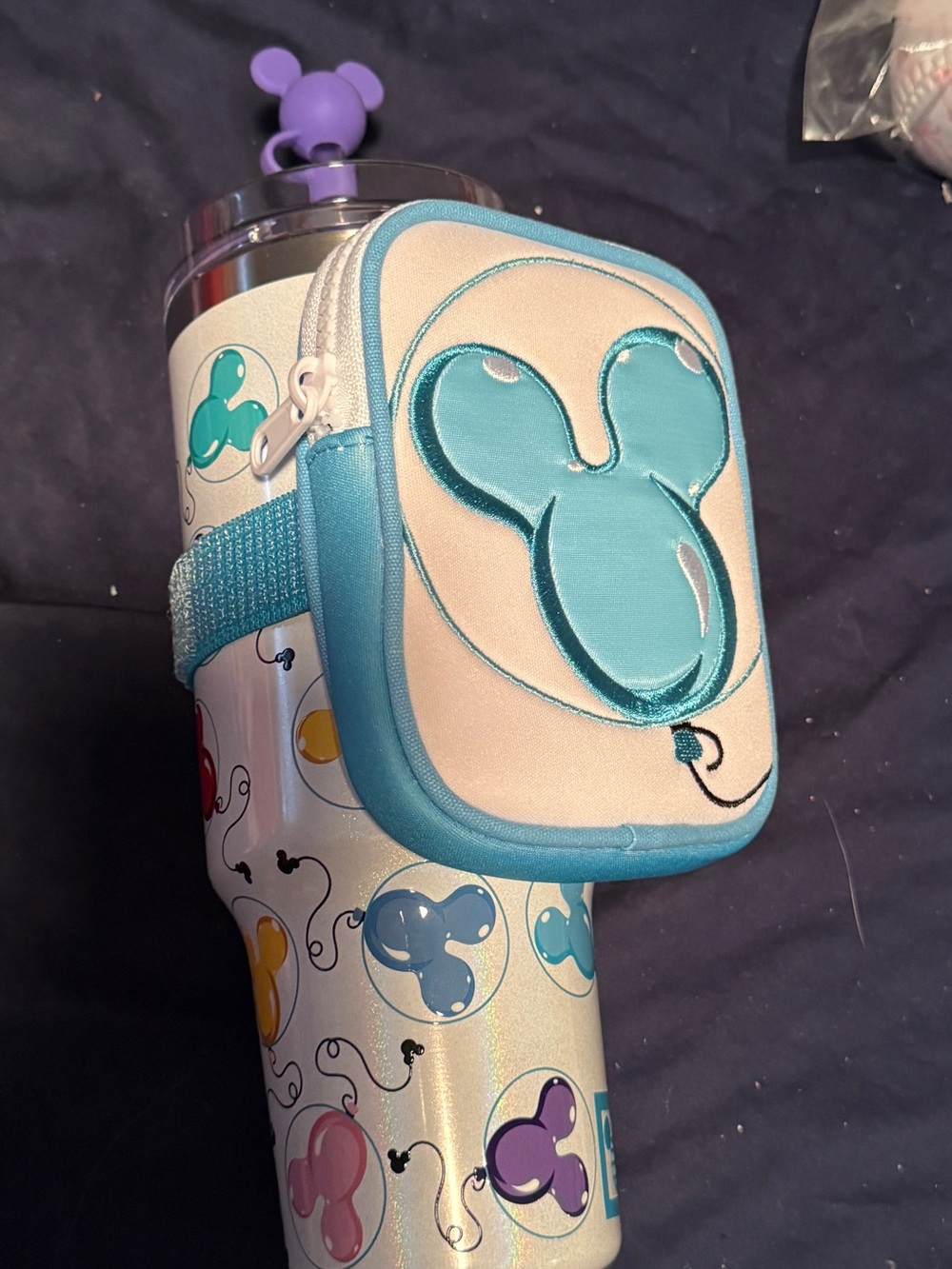 Disney Blue Balloon Mickey Ear Pouch with Matching Water Bottle Tumbler NWT